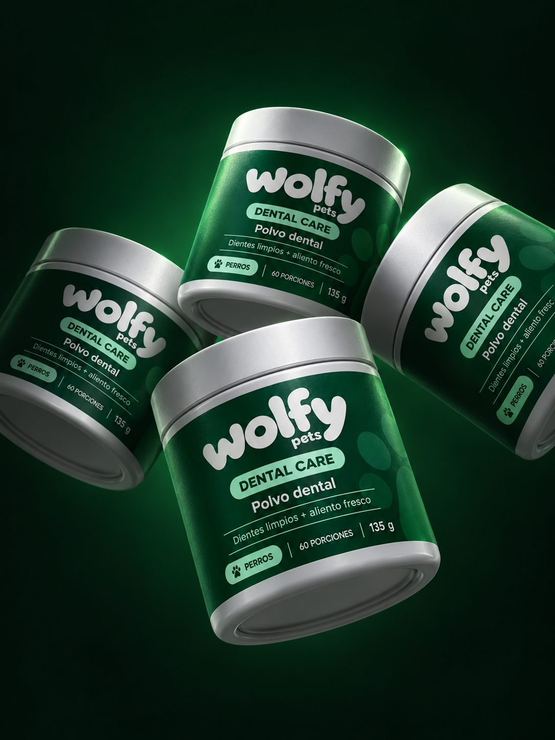 Cuatro potes de Wolfy Dental Care sobre fondo verde oscuro